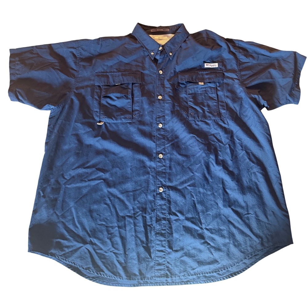 Columbia PFG Bahama II Mens‎ XXL Navy Blue Short Sleeve Fishing Shirt Omni-Shade